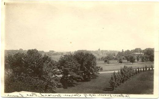 View toward the President's House (Gaunt House) from the top of a residence hall.  (Donated by David Duvall.)